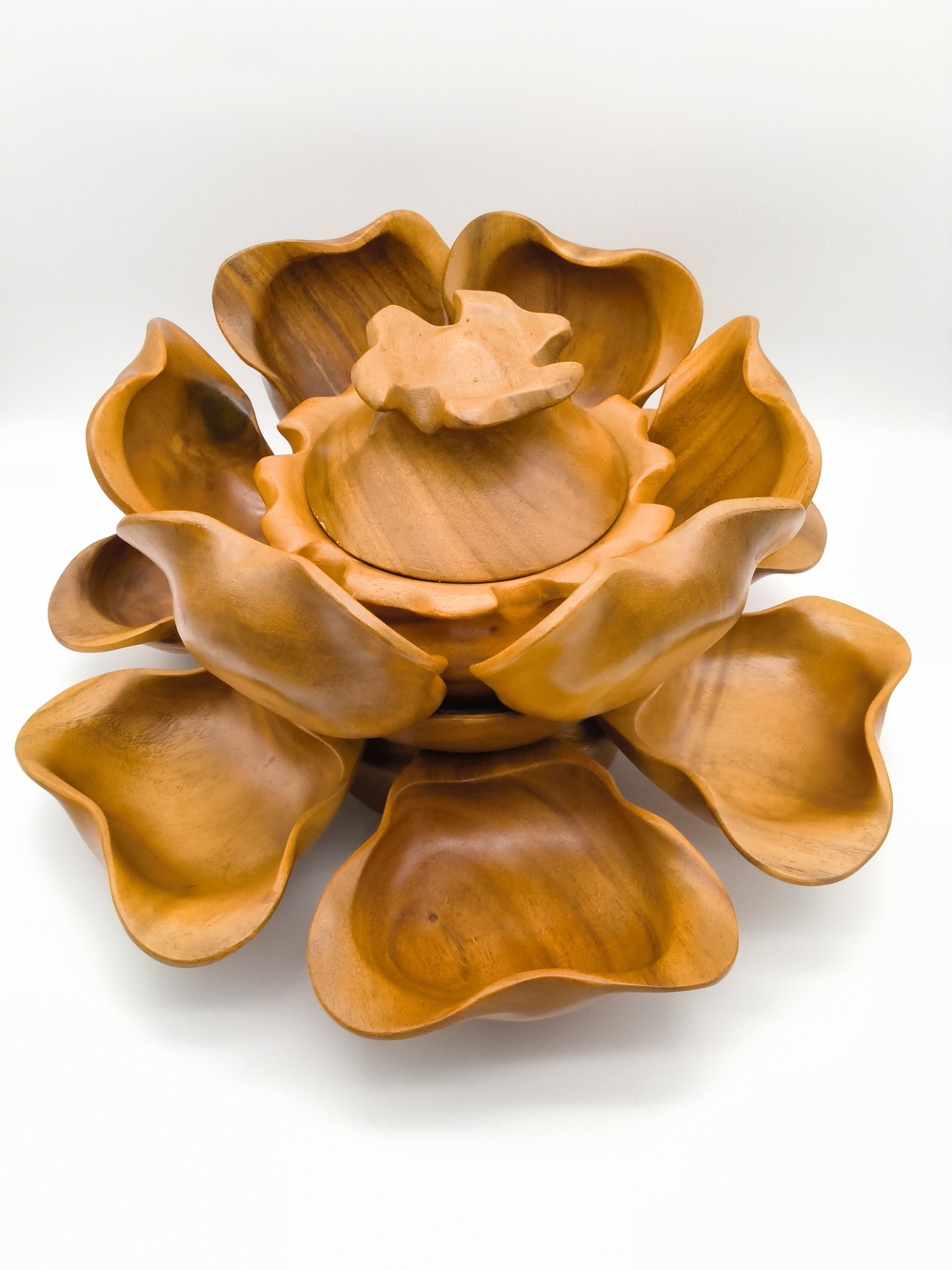Vintage MCM Monkey Pod Wood Lotus Flower Lazy Susan Serving Set - 14 Pc